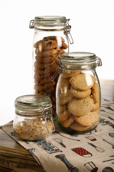Chocolate Lavender Cookies Crushed Hazelnuts Jar Rustic Table Tablecloth White — Stock Photo, Image