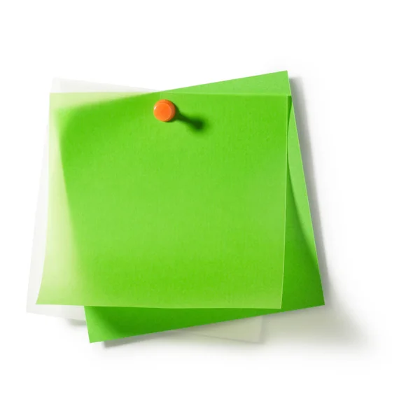 Zelené Průhledné Poznámkové Papíry Push Pin Bílém Pozadí Ořezávání Cesta — Stock fotografie