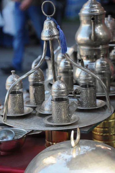 Stánek Trhu Istanbul Krocan Kuchyňské Potřeby Šálky Čaje — Stock fotografie