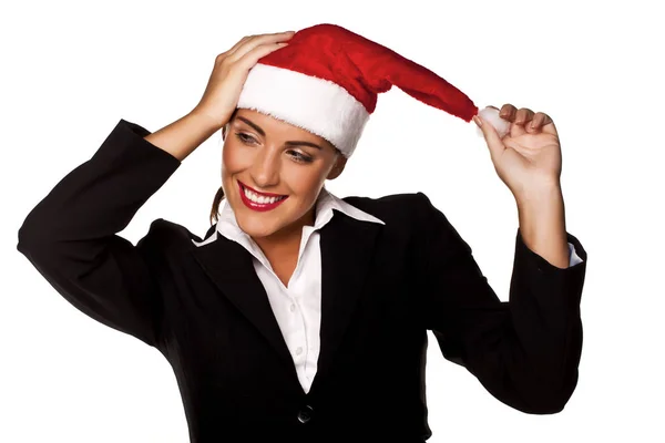 Uma Bela Jovem Empresária Usando Chapéu Papai Noel Fundo Branco — Fotografia de Stock