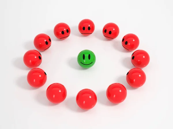 Green Smiling Sphere Center Angry Red Spheres — Stock Photo, Image