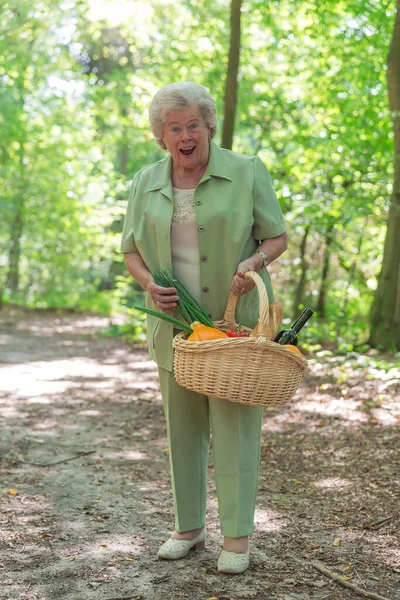 Dame Âgée Avec Panier Provisions Sur Promenade — Photo