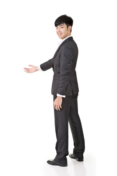 Aziatische Zakenman Invoeren Met Hand Volledige Lengte Portret Geïsoleerd Witte — Stockfoto