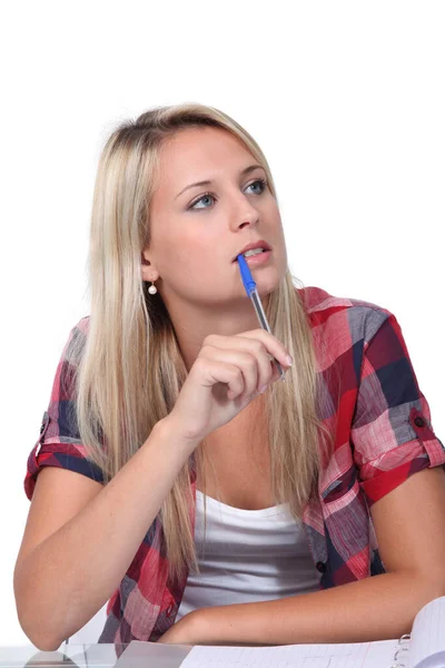 Student Pen Her Mouth — Stock Photo, Image