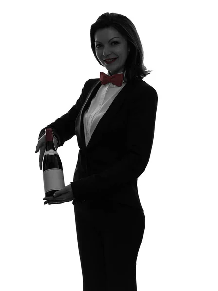 One Caucasian Woman Waiter Butler Serving Red Wine Silhouette White — Stock Photo, Image
