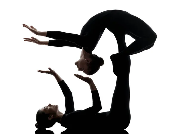 Two Women Contortionist Practicing Gymnastic Yoga Silhouette White Background — Stock Photo, Image