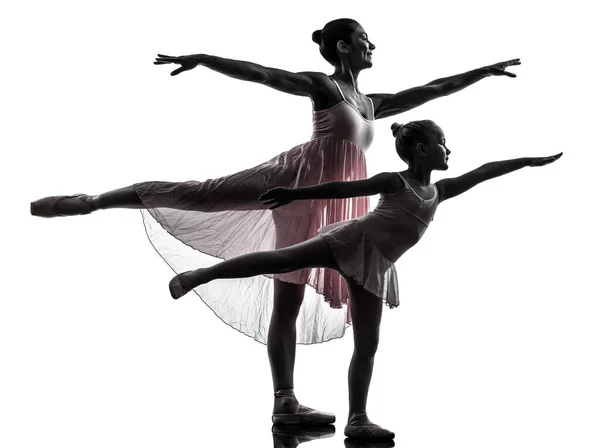Frau Und Kleines Mädchen Ballerina Balletttänzerin Tanzen Silhouette Auf Weißem — Stockfoto