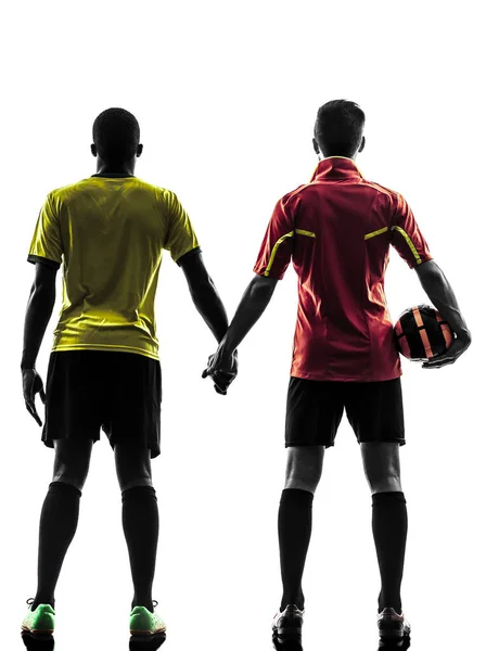 Deux Joueurs Football Hommes Jouant Football Main Dans Main Silhouette — Photo