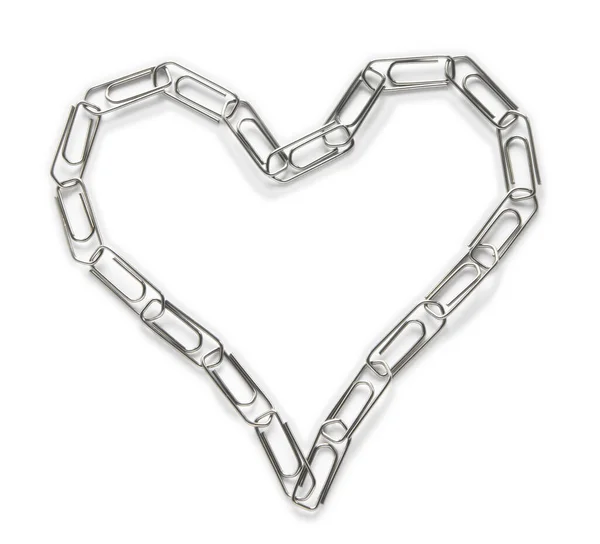 Συνδετήρες Χάρτινοι Τοποθετημένοι Στο Σχήμα Της Καρδιάς Στο Λευκό Φόντο — Φωτογραφία Αρχείου
