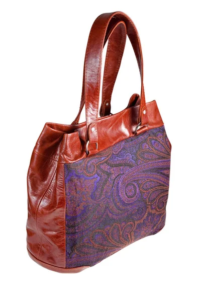 Lady Leather Paisley Handbag Isolated White — Stock Photo, Image