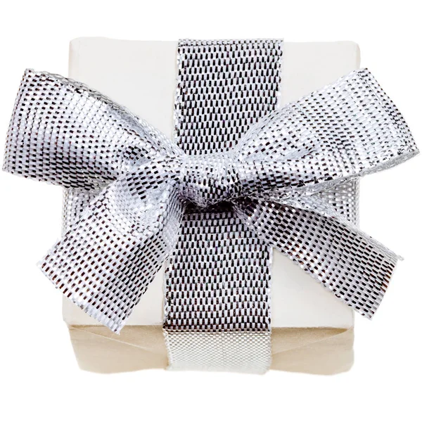 Small Handmade Paper Gift Box Silver Bow Isolated White Background — Stock Photo, Image