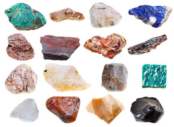Verzameling Gesteente Mineralen Geïsoleerd Witte Achtergrond — Stockfoto