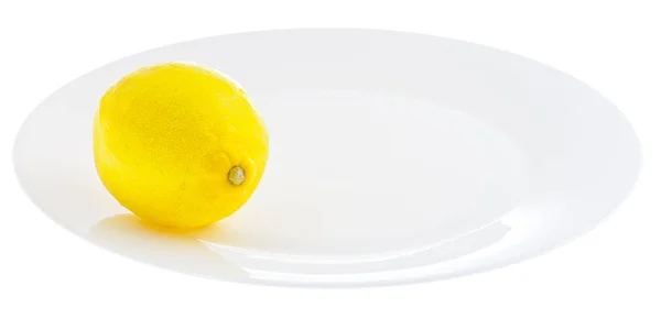 Bright Yellow Lemon White Plate Isolated White Background — Stock Photo, Image