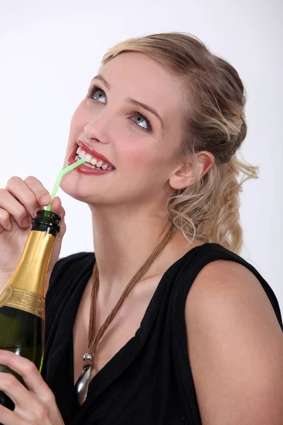 Woman Drinking Champagne Straw — Stock Photo, Image