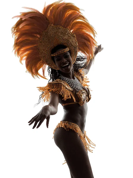Uma Mulher Africana Bailarina Samba Dançando Silhueta Fundo Branco — Fotografia de Stock