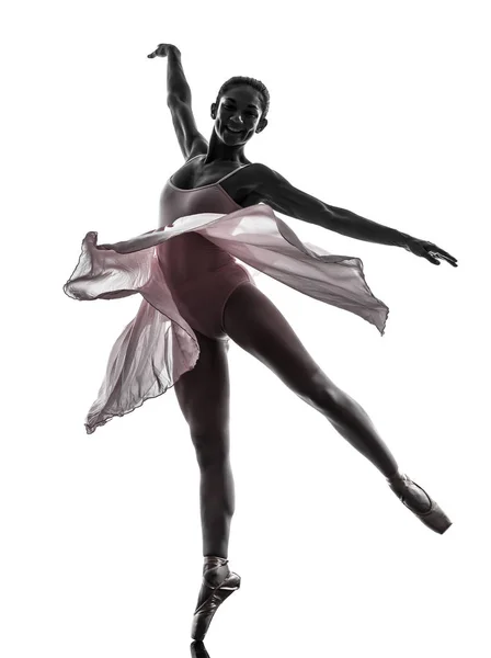 Uma Mulher Bailarina Bailarina Dançando Silhueta Fundo Branco — Fotografia de Stock