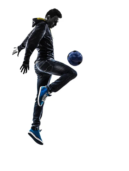 Een Kaukasische Jonge Man Voetbal Freestyler Speler Silhouet Witte Achtergrond — Stockfoto