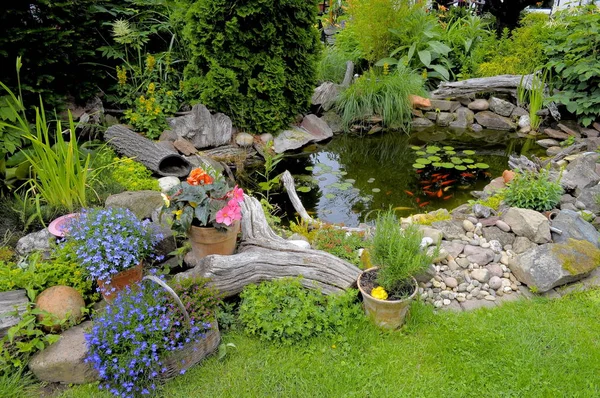 Lago Jardim Com Peixinho Dourado Jardim Ornamental — Fotografia de Stock