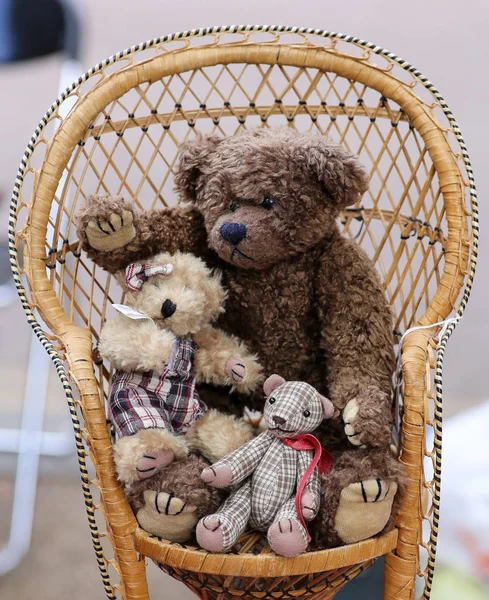 Three Teddy Bears Wicker Chair — Stock Photo, Image