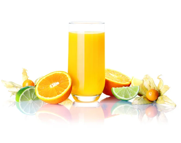 Tall Glass Colourful Freshly Squeezed Orange Juice Sliced Fresh Oranges — Stock Photo, Image