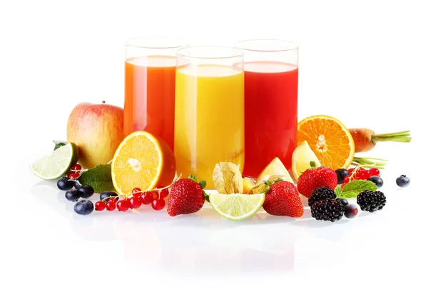 Colourful Arrangement Fresh Fruit Including Berries Citrus Apples Glasses Liquidised — Stock Photo, Image