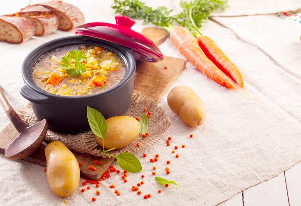 Rebusan Sayuran Yang Lezat Dan Kental Atau Sup Dalam Panci — Stok Foto