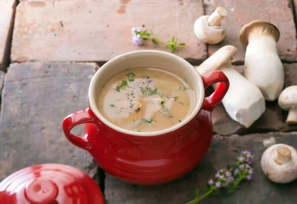 Red Ceramic Crock Filled Gourmet Creamy Mushroom Soup Fresh Mushrooms — Stock Photo, Image