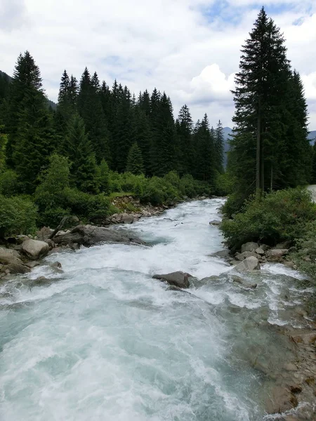 Vista Sobre Río Con Rocas Sobre Montaña Bosque Verde — Foto de Stock