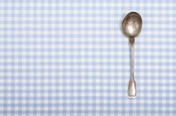Silver Old Spoon Blue White Vichy Fabric Copy Space — Stock Photo, Image