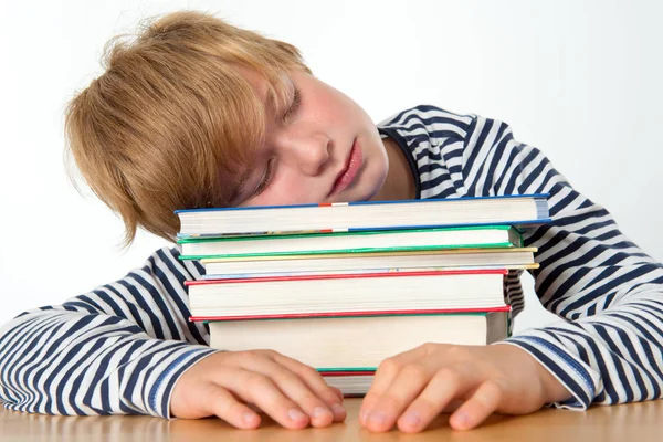 Menino Está Dormindo Seus Livros — Fotografia de Stock