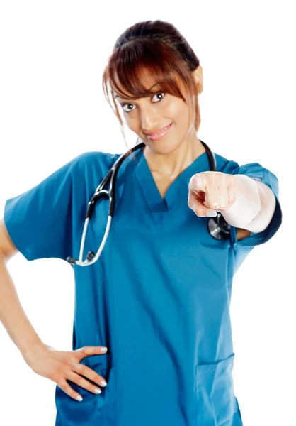 Attractive Indian Doctor Woman Posing Studio Front Background — Stock Photo, Image