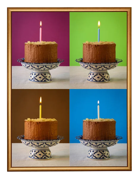 Csokoládé Születésnapi Torta Mandulapelyhekkel Égő Gyertyával Antik Kerámia Állványon Kék — Stock Fotó
