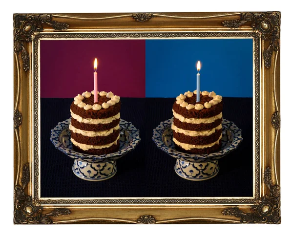 Csokoládé Születésnapi Party Nacked Torta Vanília Krém Égő Gyertya Antik — Stock Fotó