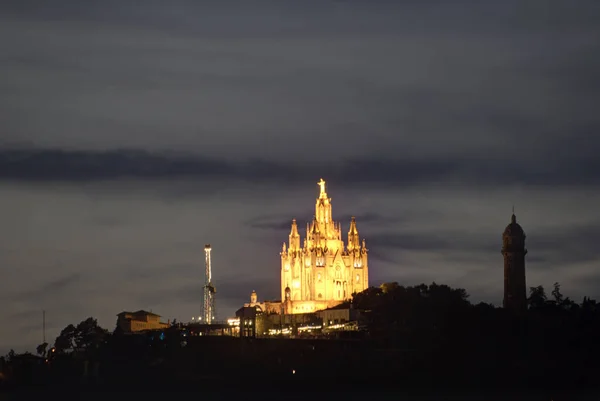 Tibidabo Kirche Bei Nacht Barcelona Spanien — Stockfoto