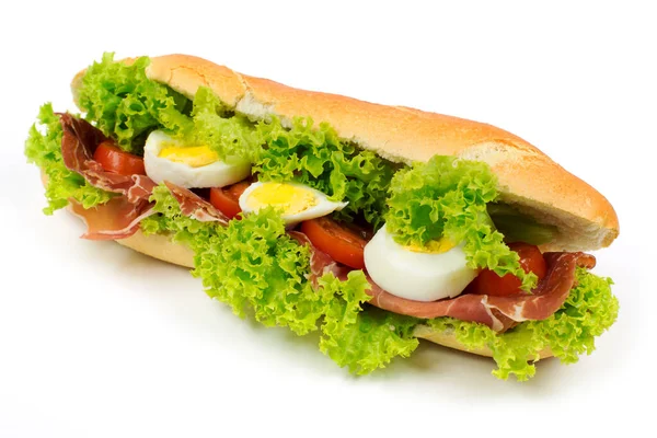 Sanduíche Fast Food Com Salsicha Alface Contra Fundo Branco — Fotografia de Stock