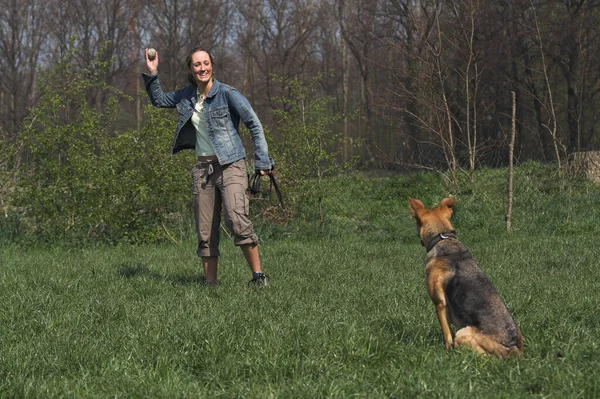 Mujer Joven Con Perro Bosque — Foto de Stock