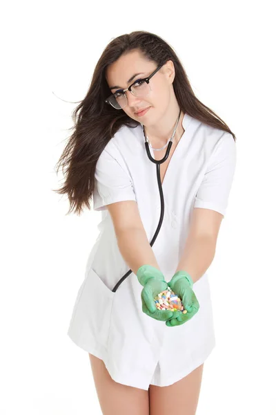 Doctora Con Pastillas Mano Doctora Sosteniendo Muchas Píldoras Sus Manos — Foto de Stock
