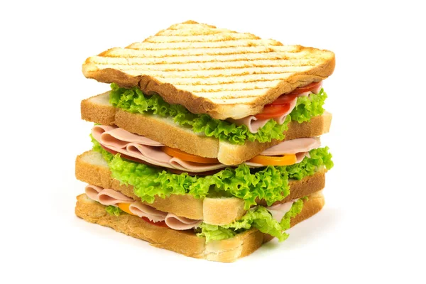 Sandwich Pain Grillé Avec Laitue Saucisse Sur Fond Blanc — Photo