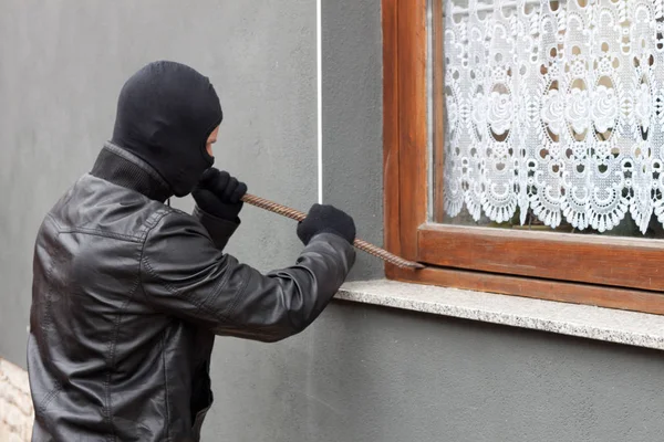 Burglar Black Coat Crowbar Hands — Stock Photo, Image