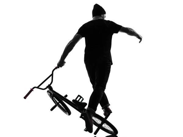 Een Blanke Man Oefenen Bmx Acrobatische Figuur Silhouet Studio Geïsoleerd — Stockfoto
