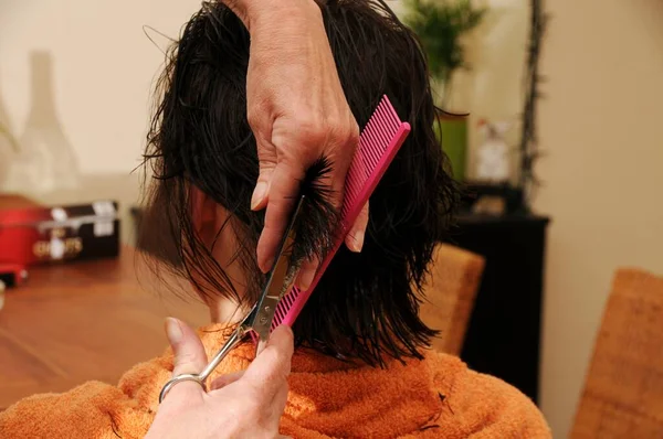 Hairdresser Cutting Hair Woman Beauty Salon — Stock Photo, Image