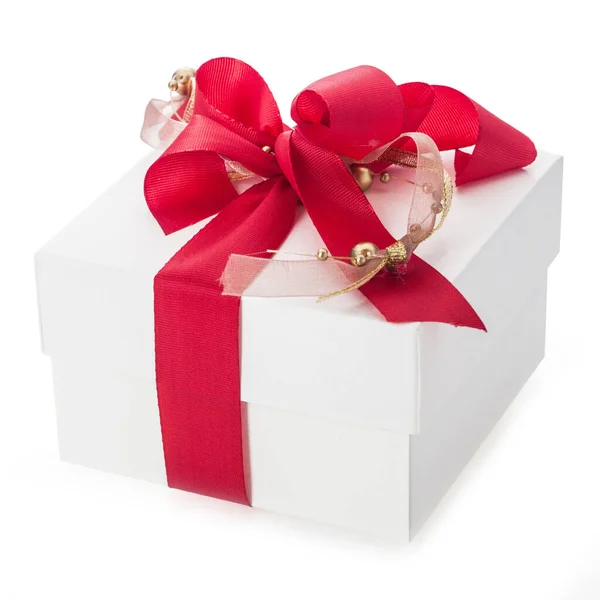 Close Van Een Effen Witte Geschenkdoos Met Twee Decoratieve Rode — Stockfoto