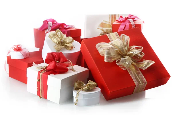 Collectie Van Decoratieve Rode Witte Geschenken Verschillende Maten Vormen Gebonden — Stockfoto