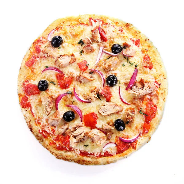 Draufsicht Auf Eine Pizza Isoliert Auf Weißem Hintergrund Mit Thunfisch — Stockfoto
