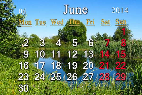 Kalendář Pro Červen 2014 Pozadí Letní Krajiny — Stock fotografie