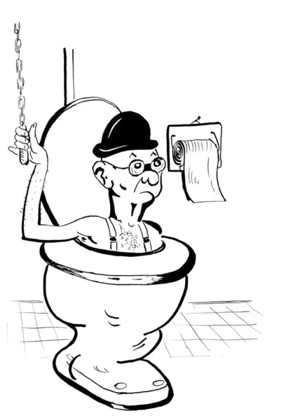 Карикатура Чорно Біла Чоловік Змиває Туалет Вниз Кіт — стокове фото