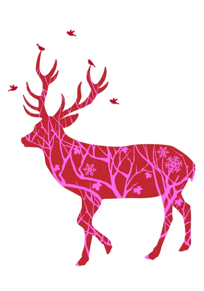 クリスマスの鹿は冬の木と鳥 ベクトル イラスト — ストック写真