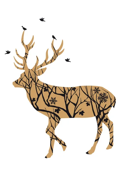 クリスマスの鹿は冬の木と鳥 ベクトル イラスト — ストック写真