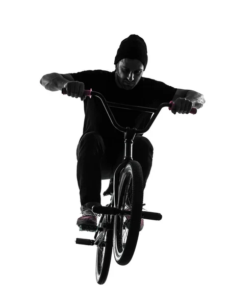 Homme Caucasien Exerçant Une Figure Acrobatique Bmx Dans Studio Silhouette — Photo