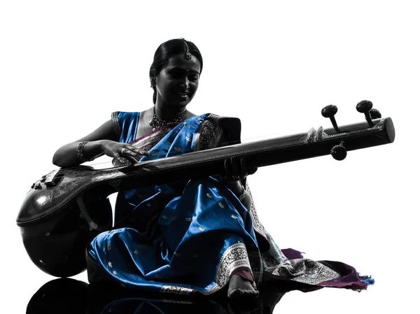 Muzician Indian Tempura Femeie Studio Siluetă Izolat Fundal Alb — Fotografie, imagine de stoc